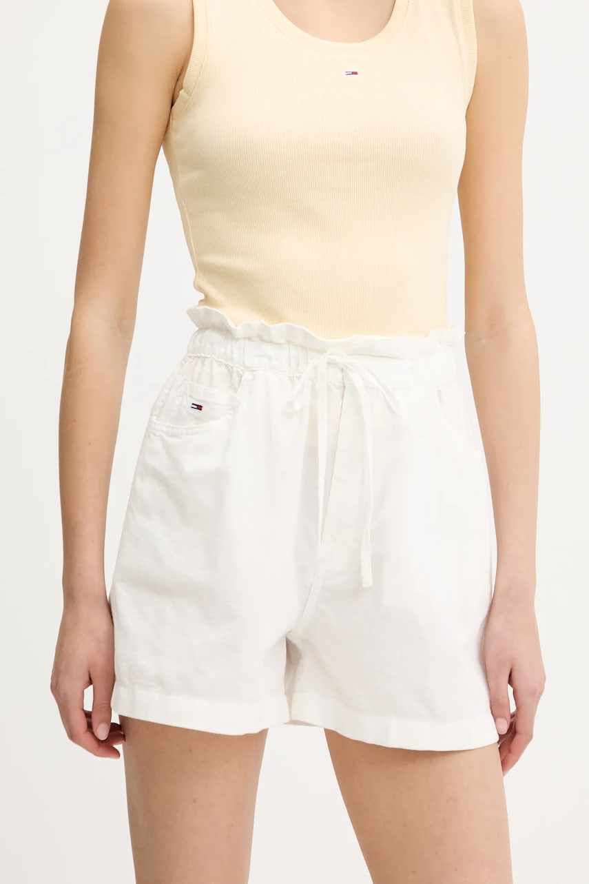 Tommy Jeans pantaloni scurți din amestec de in femei, culoarea alb, cu imprimeu, high waist, DW0DW20360 Tommy Jeans pantaloni scurți din amestec de in femei, culoarea alb, cu imprimeu, high waist, DW0DW20360