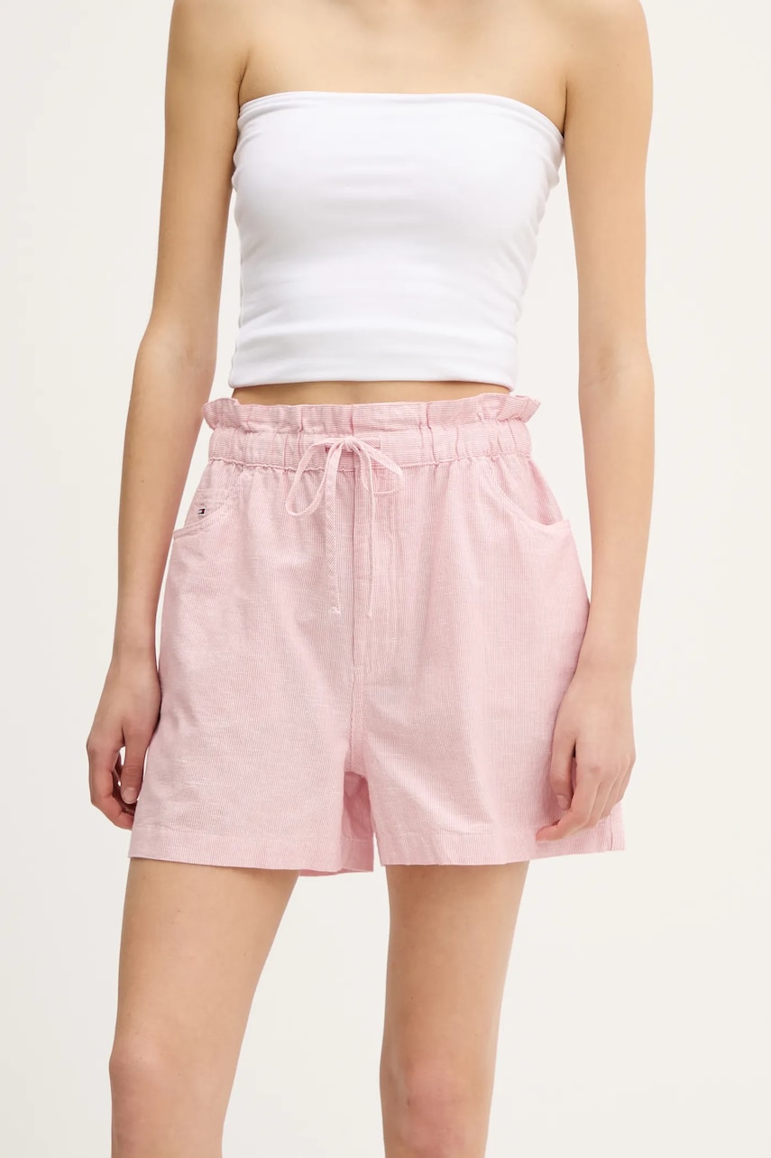 Tommy Jeans pantaloni scurți din amestec de in femei, culoarea roz, cu imprimeu, high waist, DW0DW20360 Tommy Jeans pantaloni scurți din amestec de in femei, culoarea roz, cu imprimeu, high waist, DW0DW20360