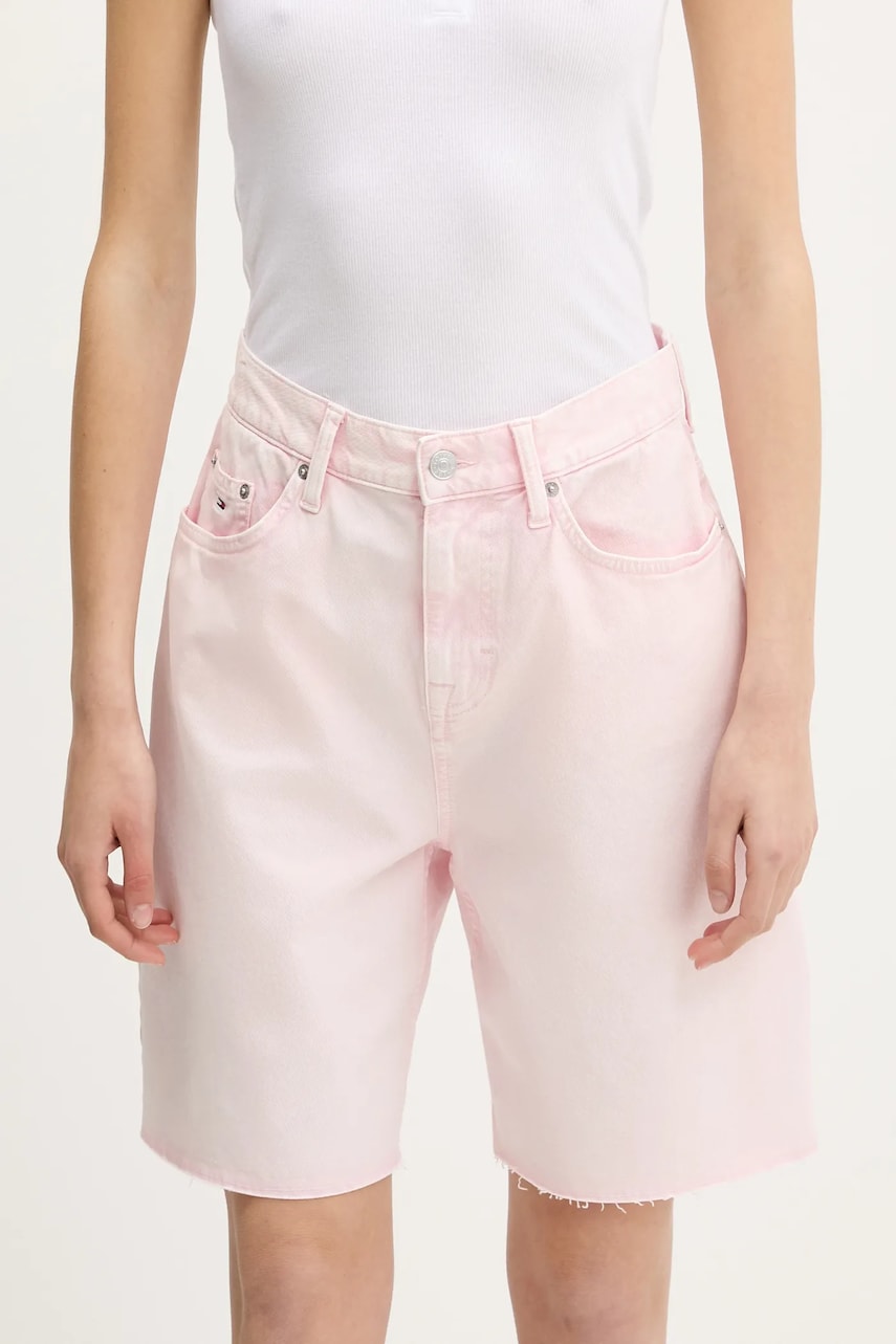 Tommy Jeans pantaloni scurți jeans culoarea roz, uni, high waist, DW0DW21646 Tommy Jeans pantaloni scurți jeans culoarea roz, uni, high waist, DW0DW21646