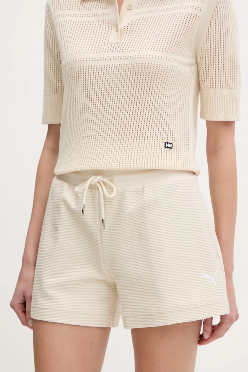 Puma pantaloni scurti din bumbac femei, culoarea bej, neted, high waist, 629782 Puma pantaloni scurti din bumbac femei, culoarea bej, neted, high waist, 629782