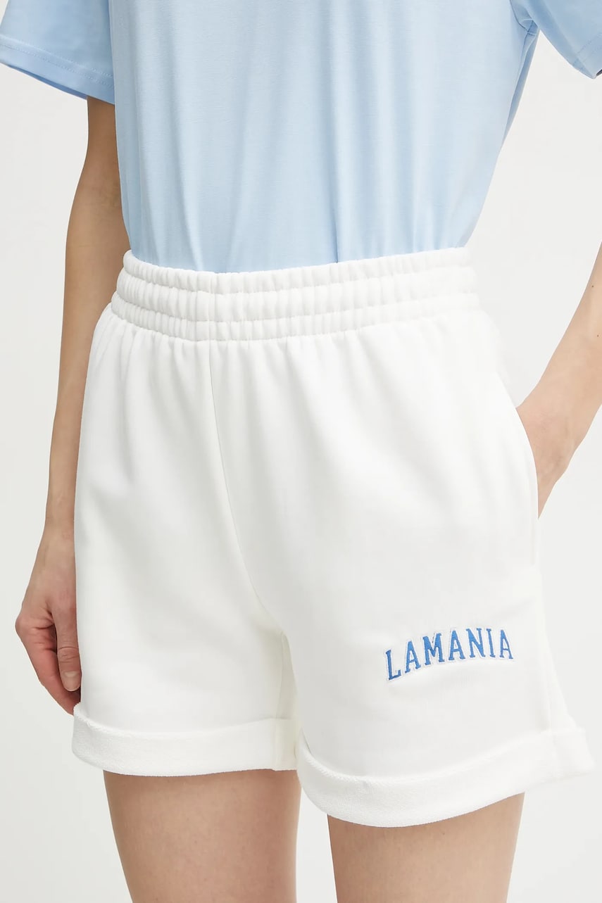 La Mania pantaloni scurti femei, culoarea alb, cu imprimeu, high waist, JUNGLE La Mania pantaloni scurti femei, culoarea alb, cu imprimeu, high waist, JUNGLE