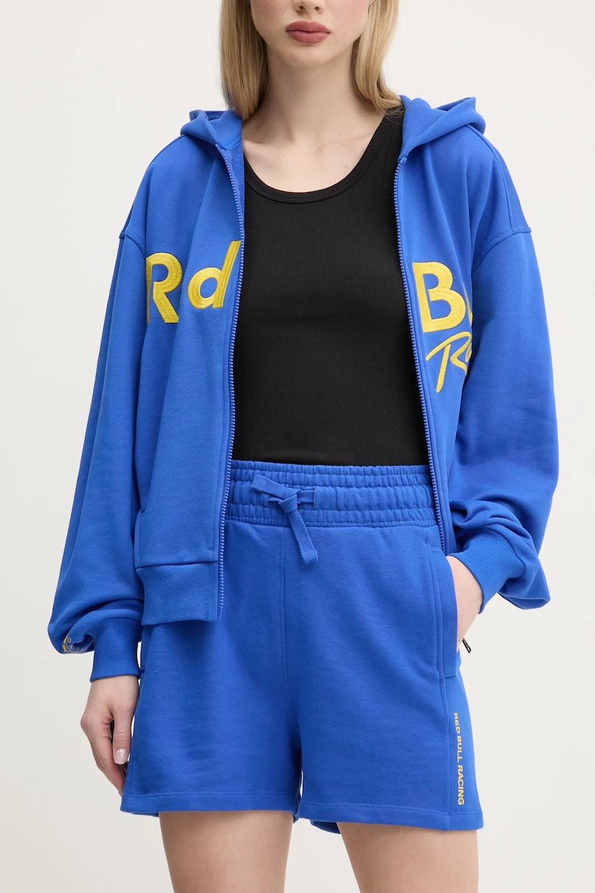 Red Bull Racing x Pepe Jeans pantaloni scurti HIGH WAISTED SHORTS femei, culoarea violet, cu imprimeu, high waist, RL800008 Red Bull Racing x Pepe Jeans pantaloni scurti HIGH WAISTED SHORTS femei, culoarea violet, cu imprimeu, high waist, RL800008