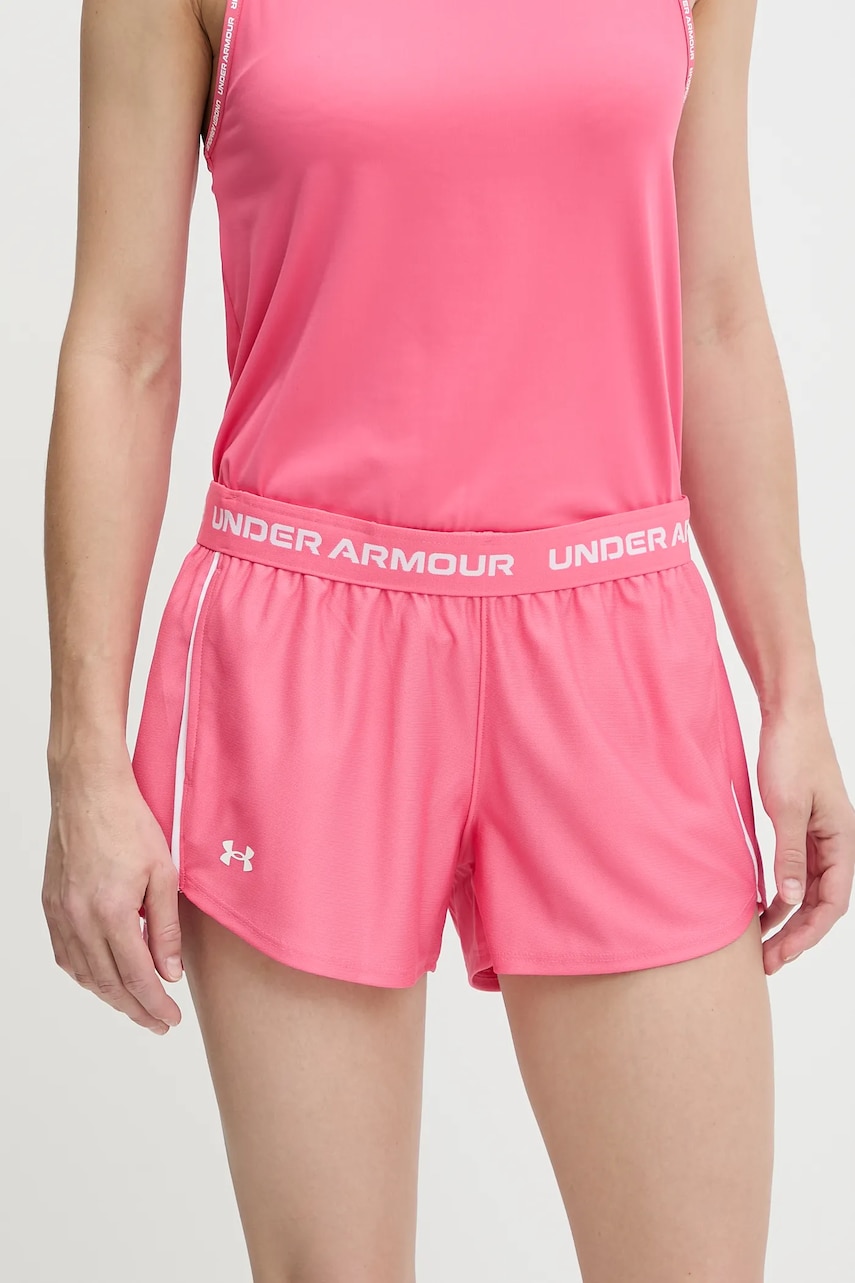 Under Armour pantaloni scurți de antrenament Tech Play culoarea roz, cu imprimeu, medium waist, 1389882 Under Armour pantaloni scurți de antrenament Tech Play culoarea roz, cu imprimeu, medium waist, 1389882