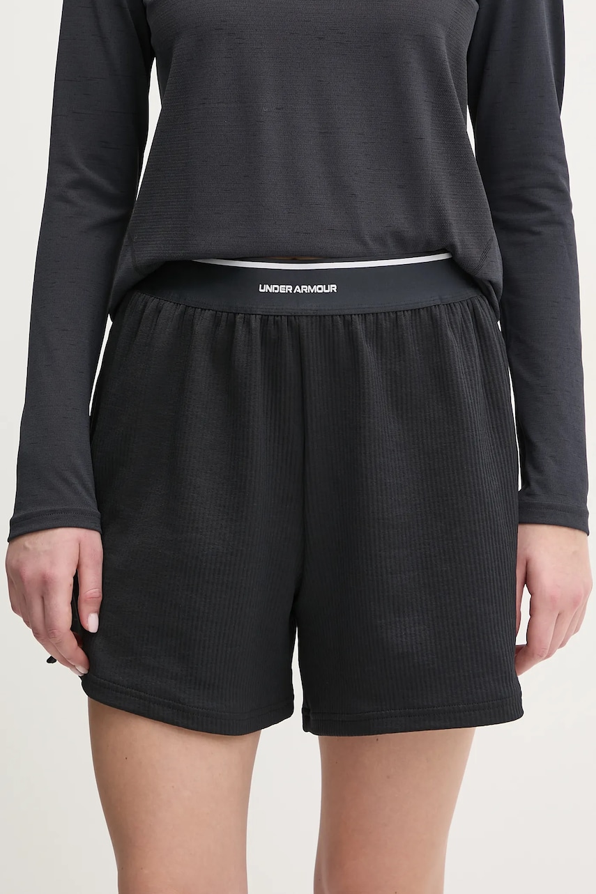 Under Armour pantaloni scurți de antrenament Meridian culoarea negru, cu imprimeu, high waist, 1390242 Under Armour pantaloni scurți de antrenament Meridian culoarea negru, cu imprimeu, high waist, 1390242