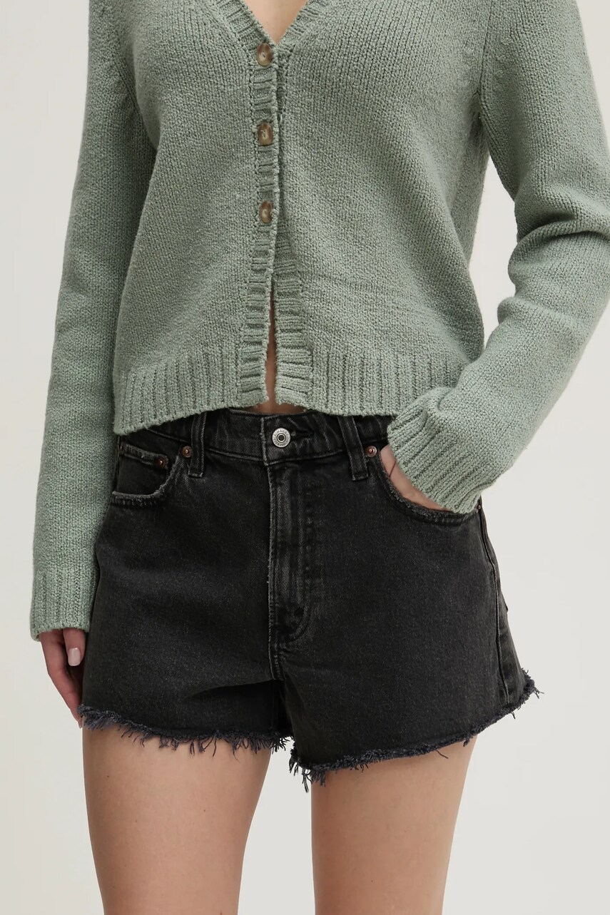 Abercrombie & Fitch pantaloni scurti jeans femei, culoarea gri, neted, high waist, KI149-5000