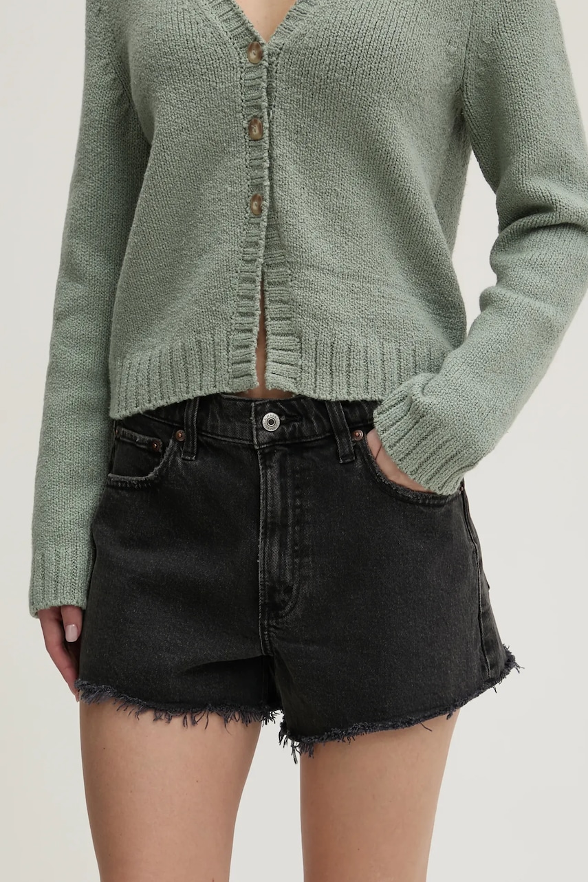 Abercrombie & Fitch pantaloni scurti jeans femei, culoarea gri, neted, high waist, KI149-5000