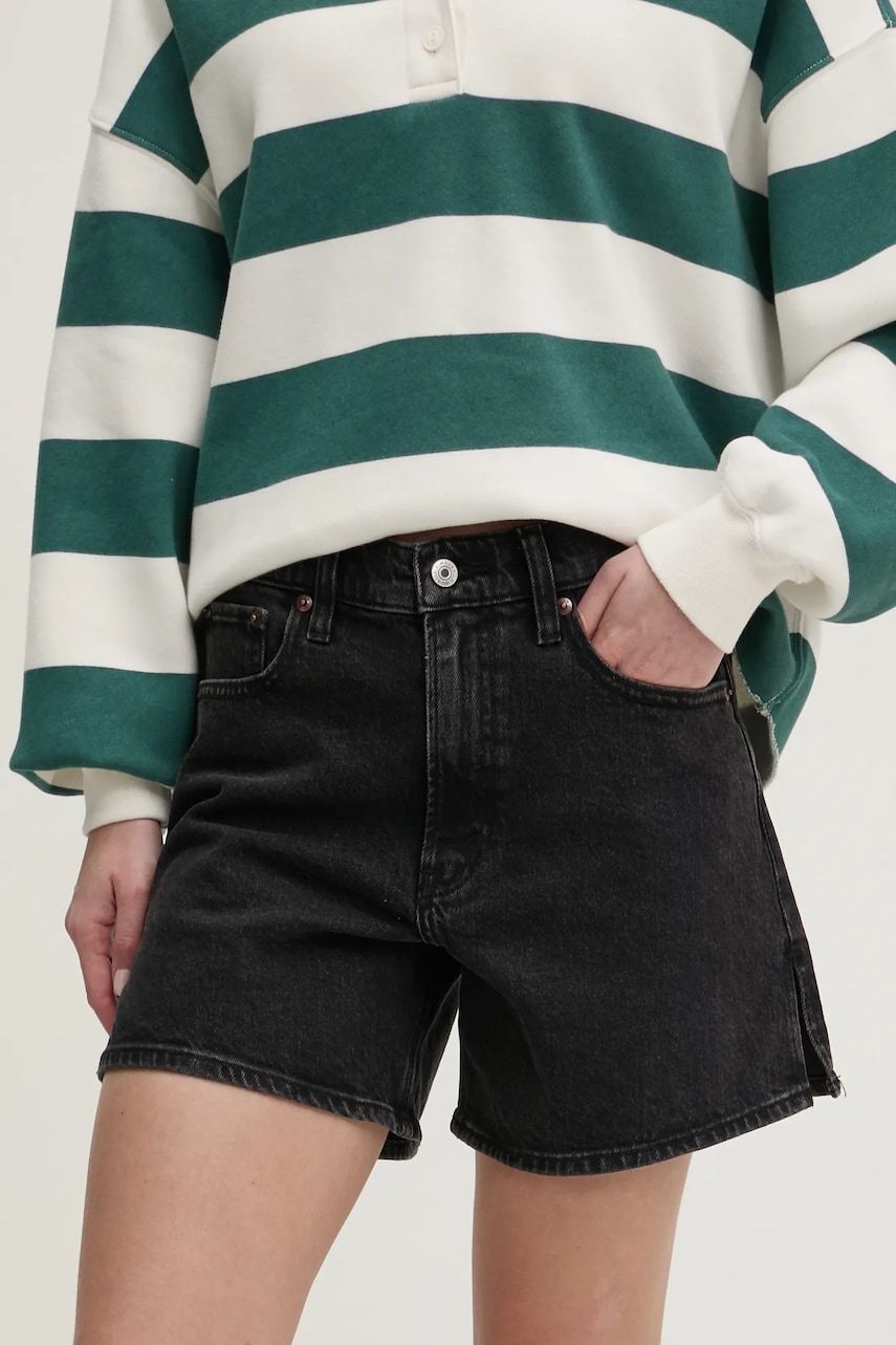 Abercrombie & Fitch pantaloni scurti jeans femei, culoarea negru, neted, high waist, KI149-5012 Abercrombie & Fitch pantaloni scurti jeans femei, culoarea negru, neted, high waist, KI149-5012