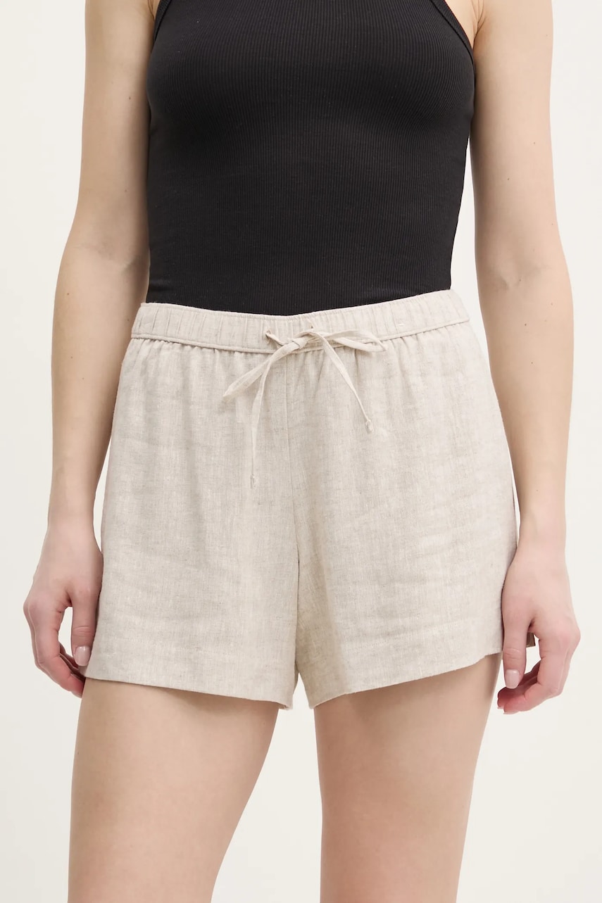 Abercrombie & Fitch pantaloni scurti din in femei, culoarea bej, neted, high waist, KI149-5190 Abercrombie & Fitch pantaloni scurti din in femei, culoarea bej, neted, high waist, KI149-5190