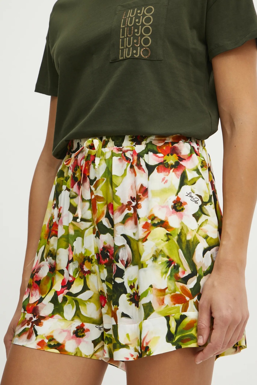 Levně Kraťasy Liu Jo dámské, zelená barva, vzorované, high waist, VA5126.T2961