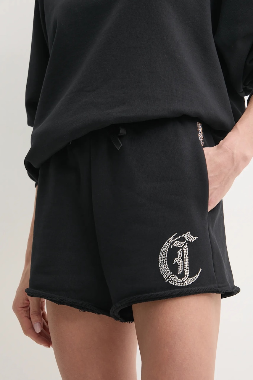 Just Cavalli pantaloni scurți din bumbac femei, culoarea negru, cu imprimeu, high waist, 78PADE08 CF100 Just Cavalli pantaloni scurți din bumbac femei, culoarea negru, cu imprimeu, high waist, 78PADE08 CF100