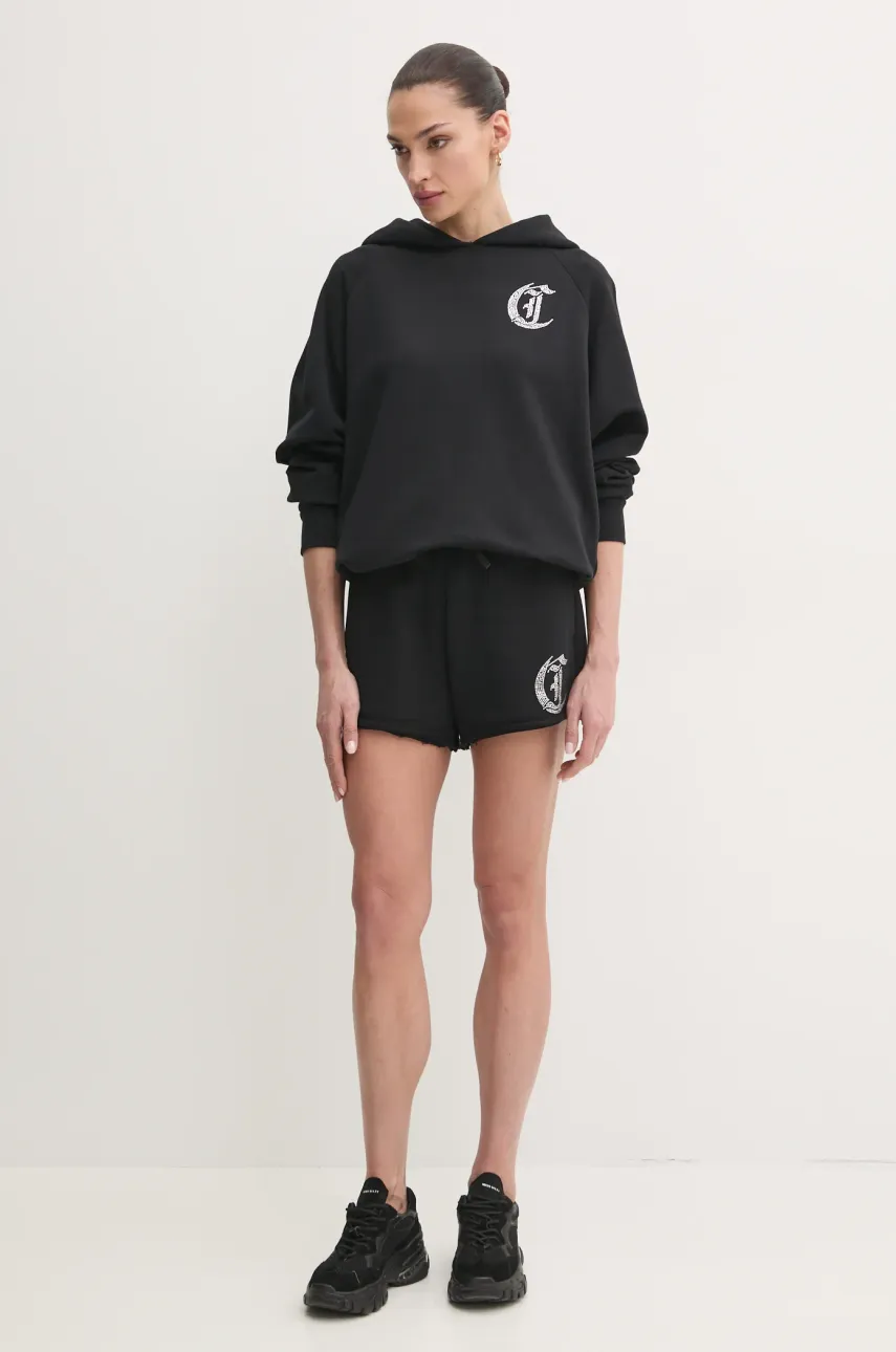 Хлопковые шорты Just Cavalli женские цвет чёрный с аппликацией высокая посадка 78PADE08 CF100 Хлопковые шорты Just Cavalli женские цвет чёрный с аппликацией высокая посадка 78PADE08 CF100