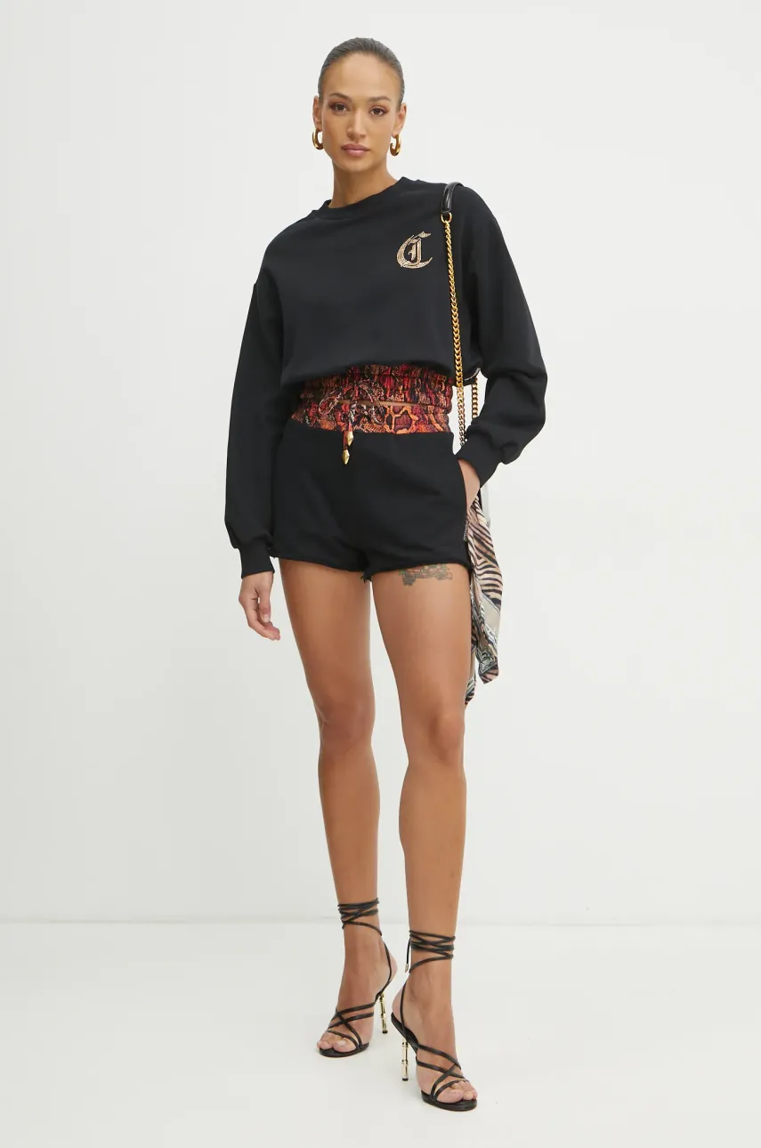 Хлопковые шорты Just Cavalli женские цвет чёрный с узором высокая посадка 78PADE01 CF100 Хлопковые шорты Just Cavalli женские цвет чёрный с узором высокая посадка 78PADE01 CF100