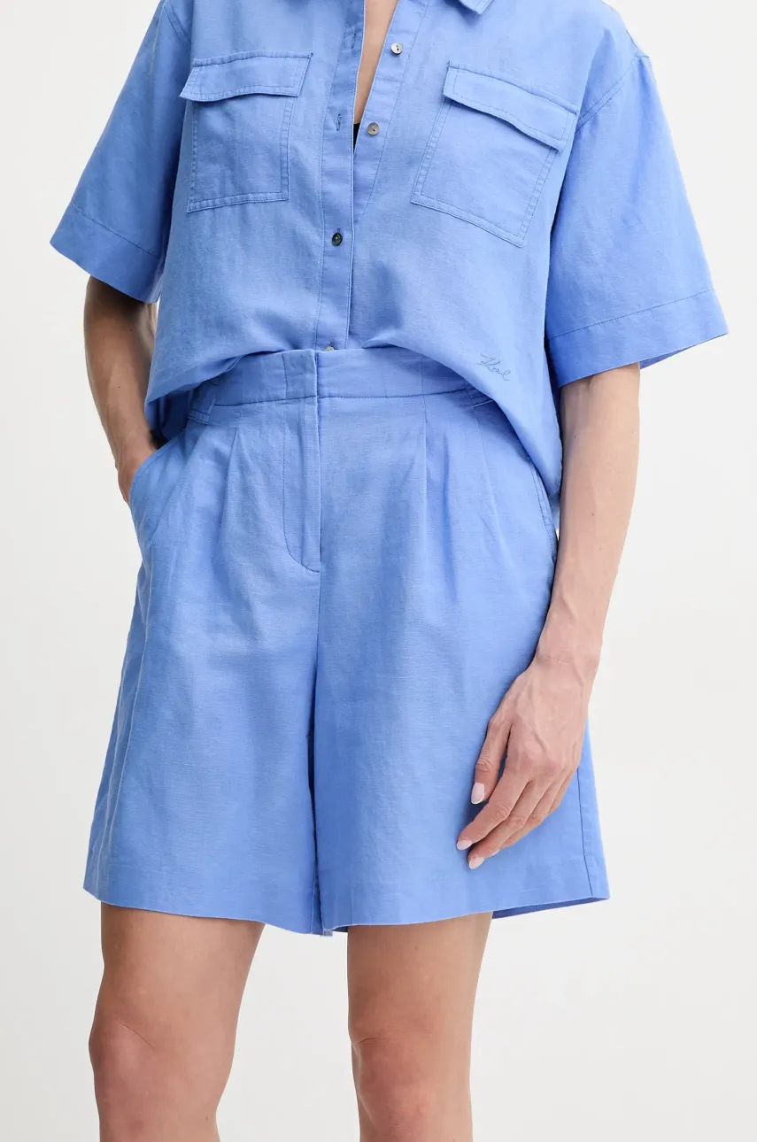 Karl Lagerfeld pantaloni scurți din in femei, culoarea violet, uni, high waist, A2W10015