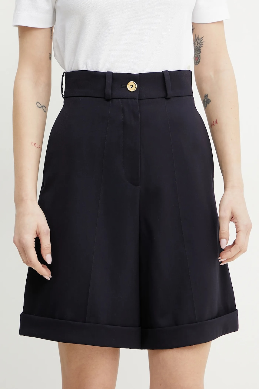 Patou pantaloni scurți din lână femei, culoarea albastru marin, neted, high waist, TR0530103