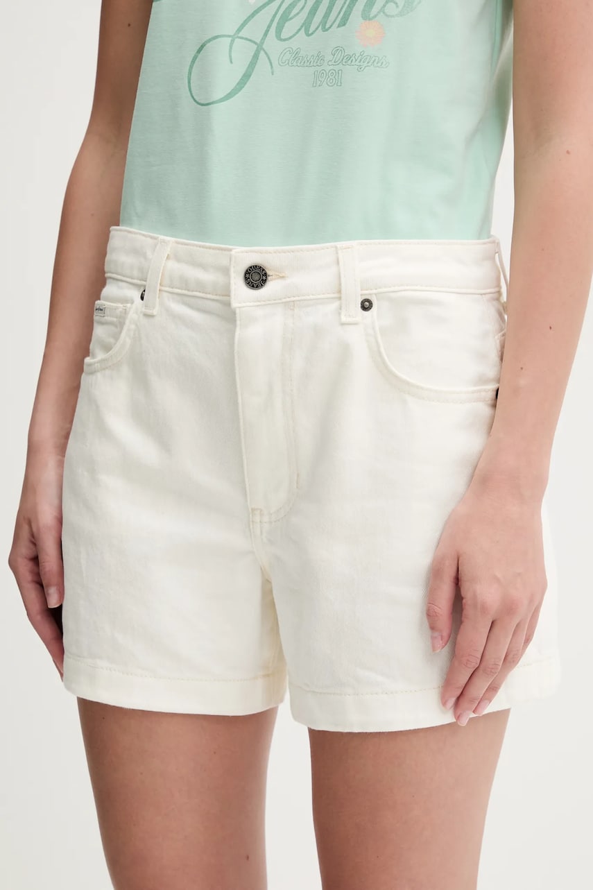 Džínové šortky Guess Jeans dámské, béžová barva, hladké, high waist, W5GD0S D5M62