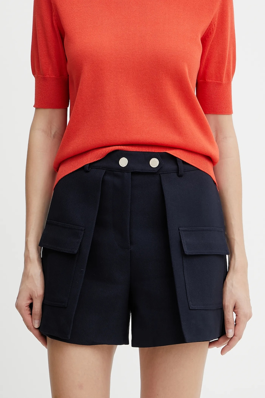 Morgan pantaloni scurți SHONAU culoarea bleumarin, uni, high waist, SHONAU