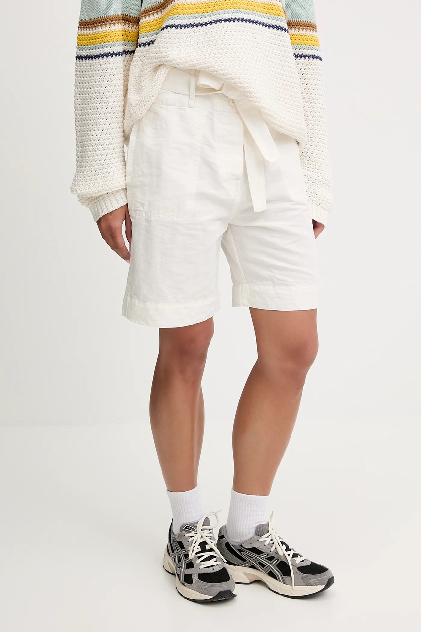 Napapijri pantaloni scurți din in N-Nice culoarea alb, uni, high waist, NP0A4IEX2061