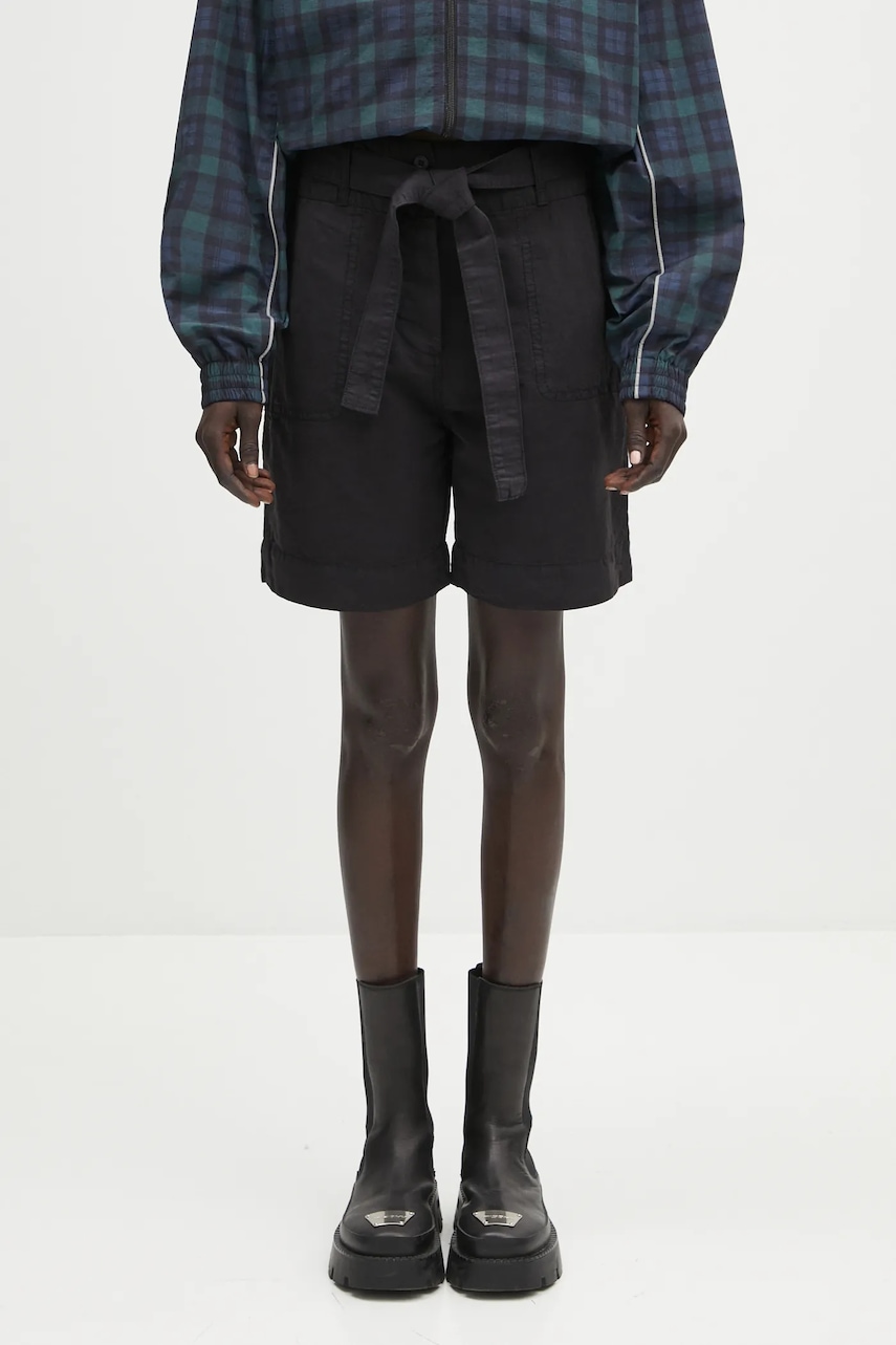 Napapijri pantaloni scurți din in N-Nice culoarea negru, uni, high waist, NP0A4IEX9411