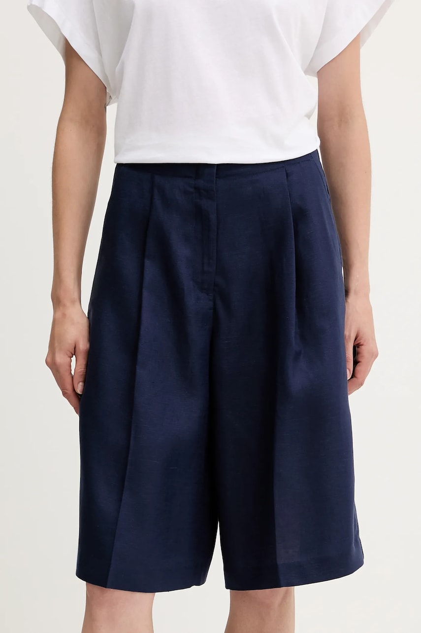 Levně Šortky s příměsí lnu United Colors of Benetton dámské, tmavomodrá barva, high waist, 45BVD9026