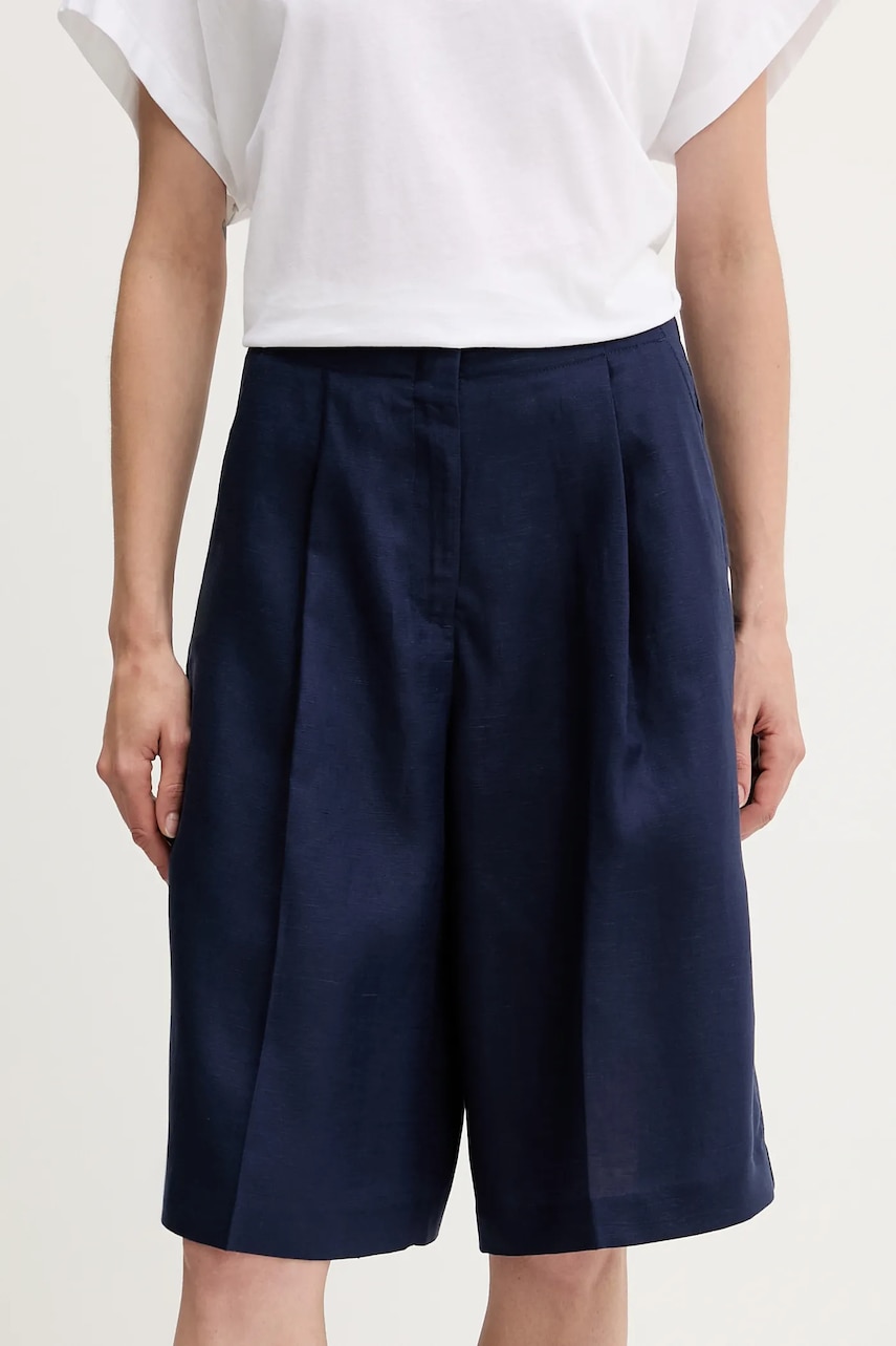 United Colors of Benetton pantaloni scurți din amestec de in culoarea bleumarin, uni, high waist, 45BVD9026