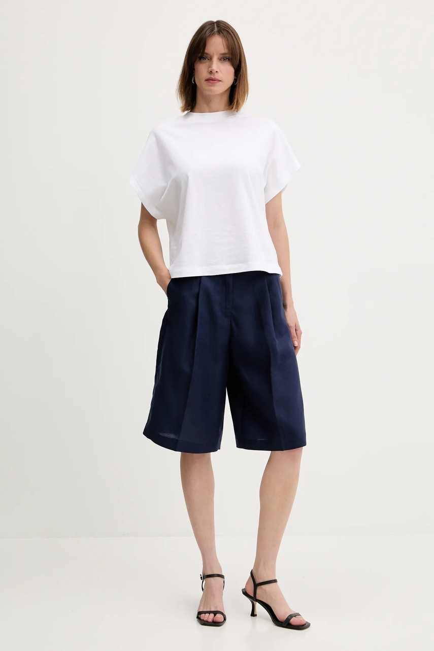 Шорты с примесью льна United Colors of Benetton цвет синий однотонные высокая посадка 45BVD9026