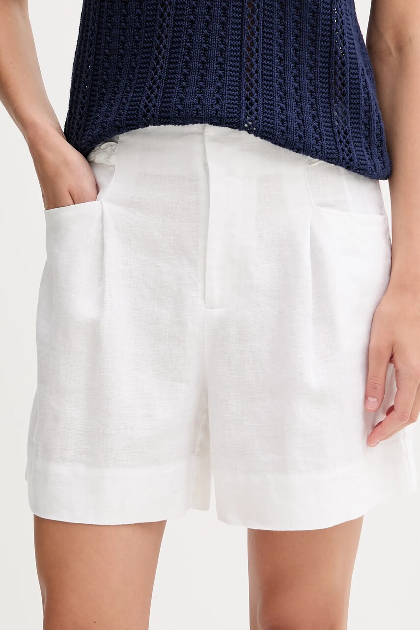Pedro del Hierro pantaloni scurți din in culoarea alb, uni, high waist, 2459132
