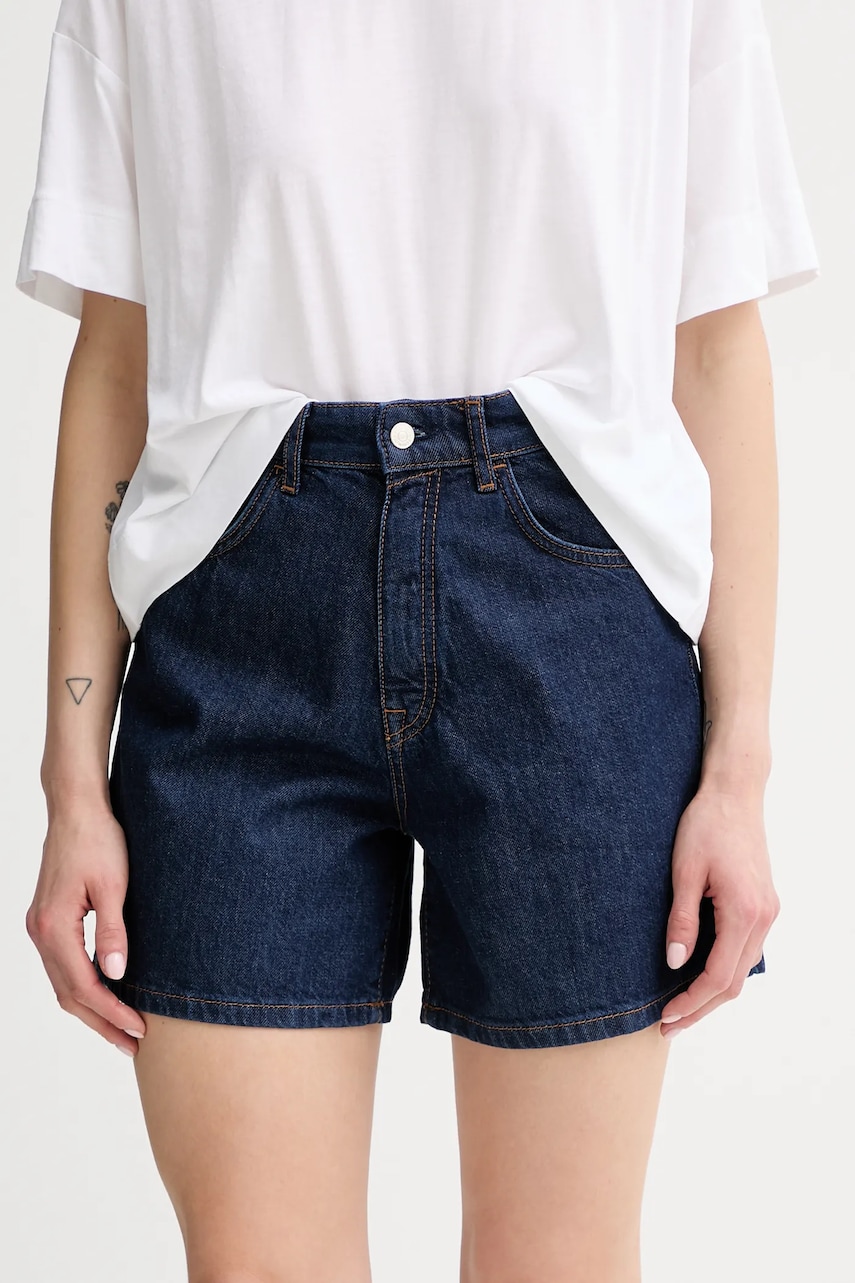 Marc O'Polo pantaloni scurți culoarea bleumarin, uni, high waist, 5000006745