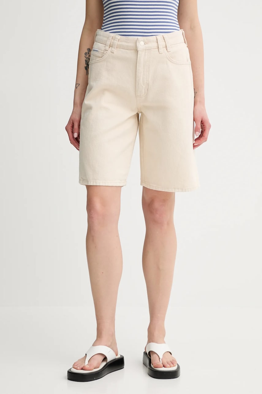 Marc O'Polo pantaloni scurți jeans culoarea bej, uni, high waist, 5000007209