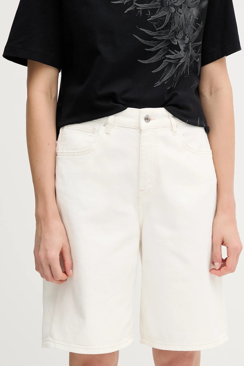 Sisley pantaloni scurți jeans culoarea bej, uni, high waist, 4W9KL901L