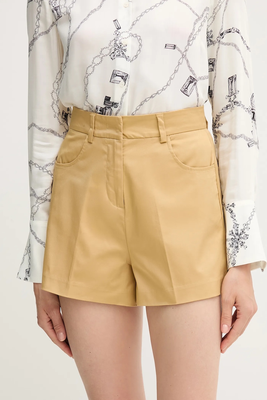 Sisley pantaloni scurți culoarea galben, uni, high waist, 4ED4L901N