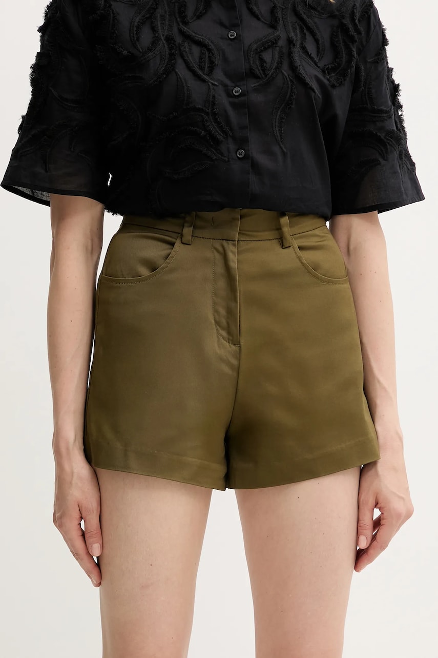 Sisley pantaloni scurți culoarea verde, uni, high waist, 4ED4L901N