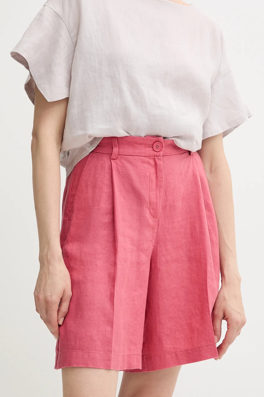 Sisley pantaloni scurți din in culoarea roz, uni, high waist, 4AGHL901K