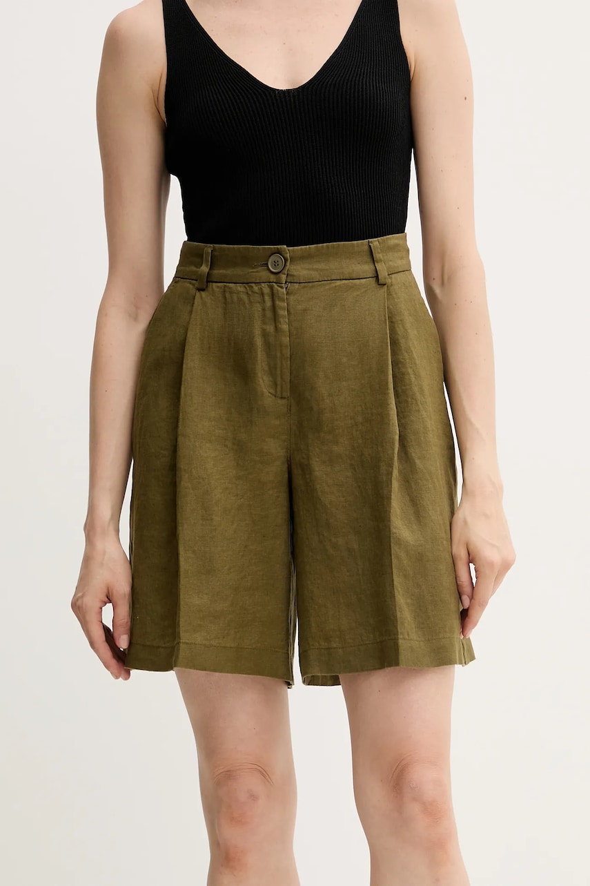 Sisley pantaloni scurți din in culoarea verde, uni, high waist, 4AGHL901K