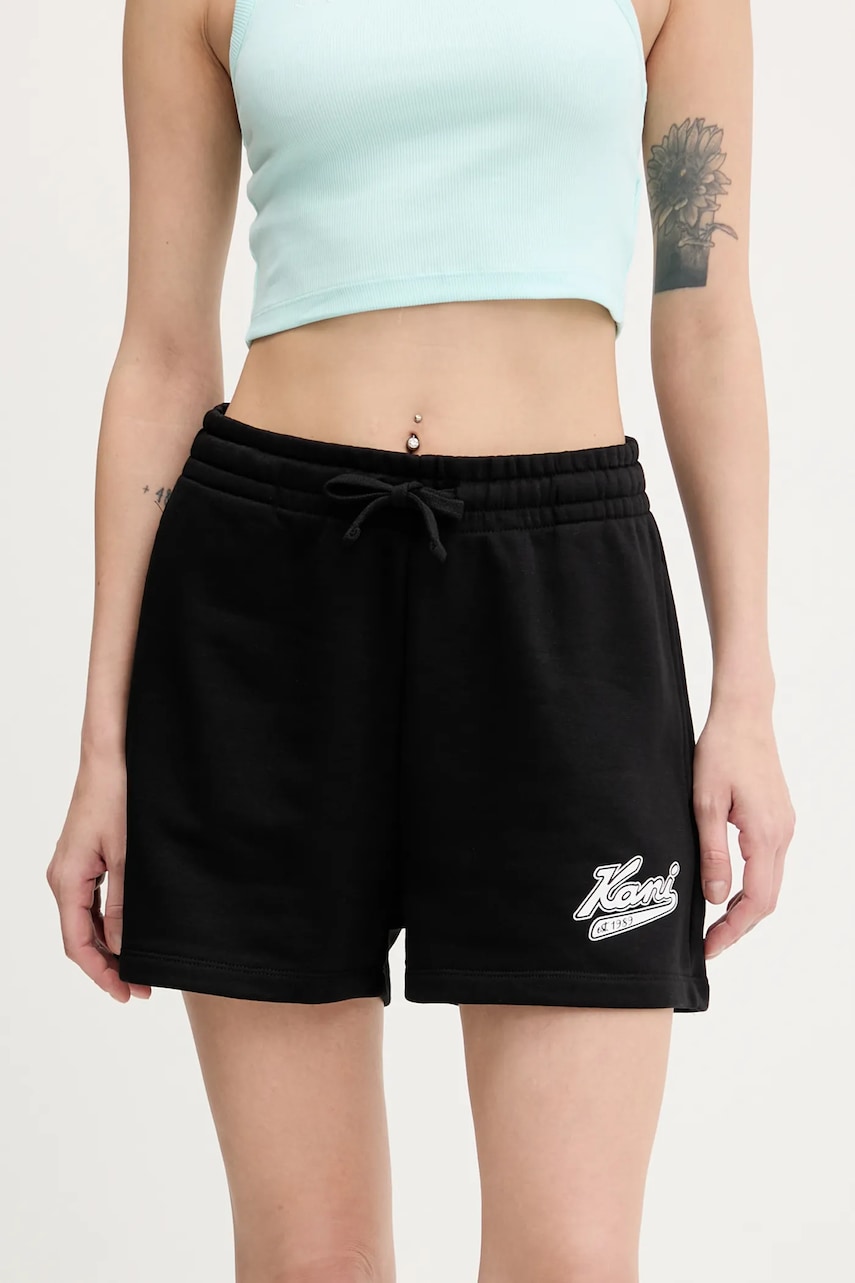 Levně Kraťasy Karl Kani dámské, černá barva, s potiskem, high waist, PD00005436