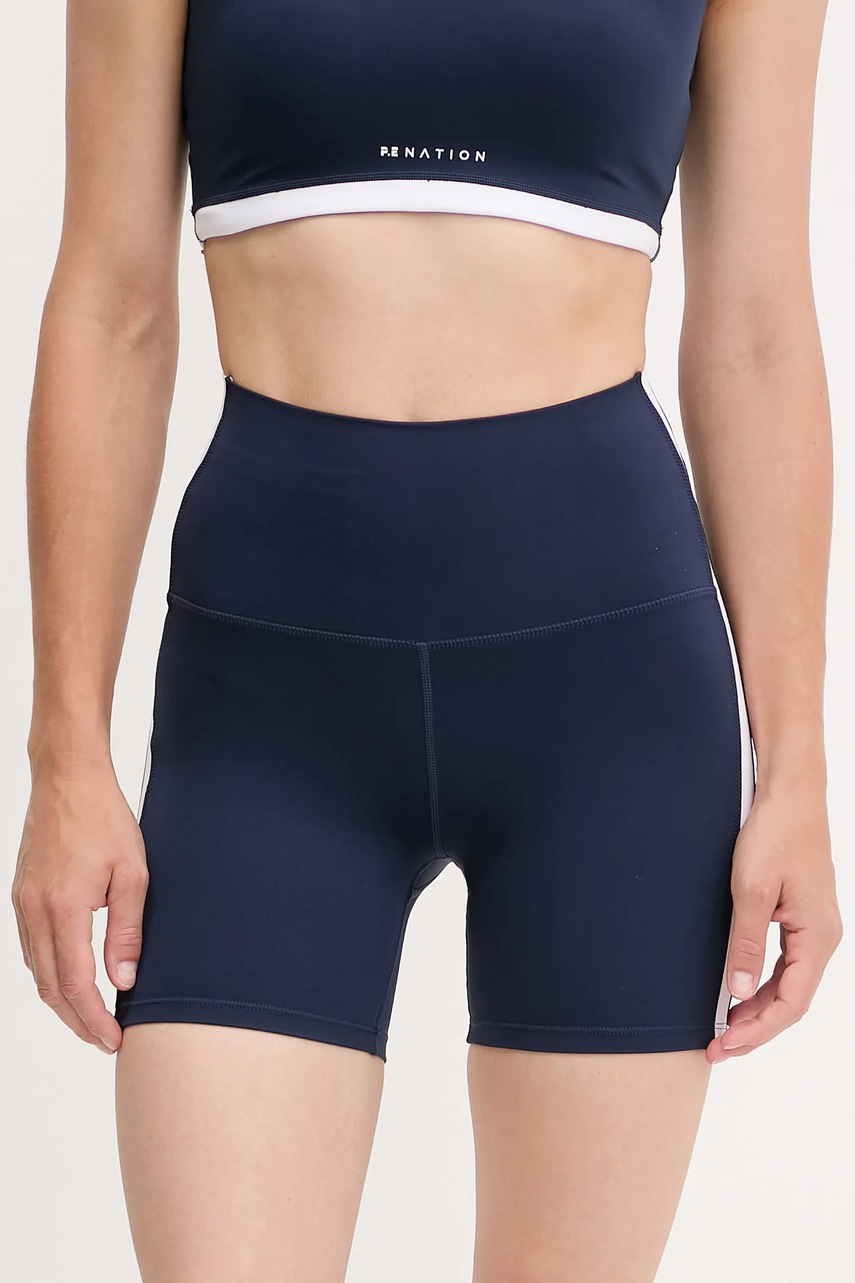 P.E Nation pantaloni scurți de antrenament Highgate 5 culoarea bleumarin, cu imprimeu, high waist, 252S087