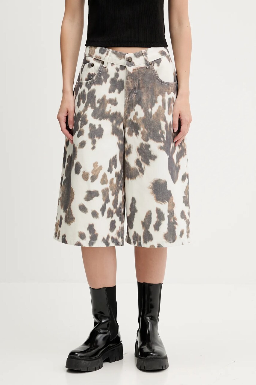 The Ragged Priest pantaloni scurți jeans culoarea bej, cu imprimeu, high waist, RPSS251037DN