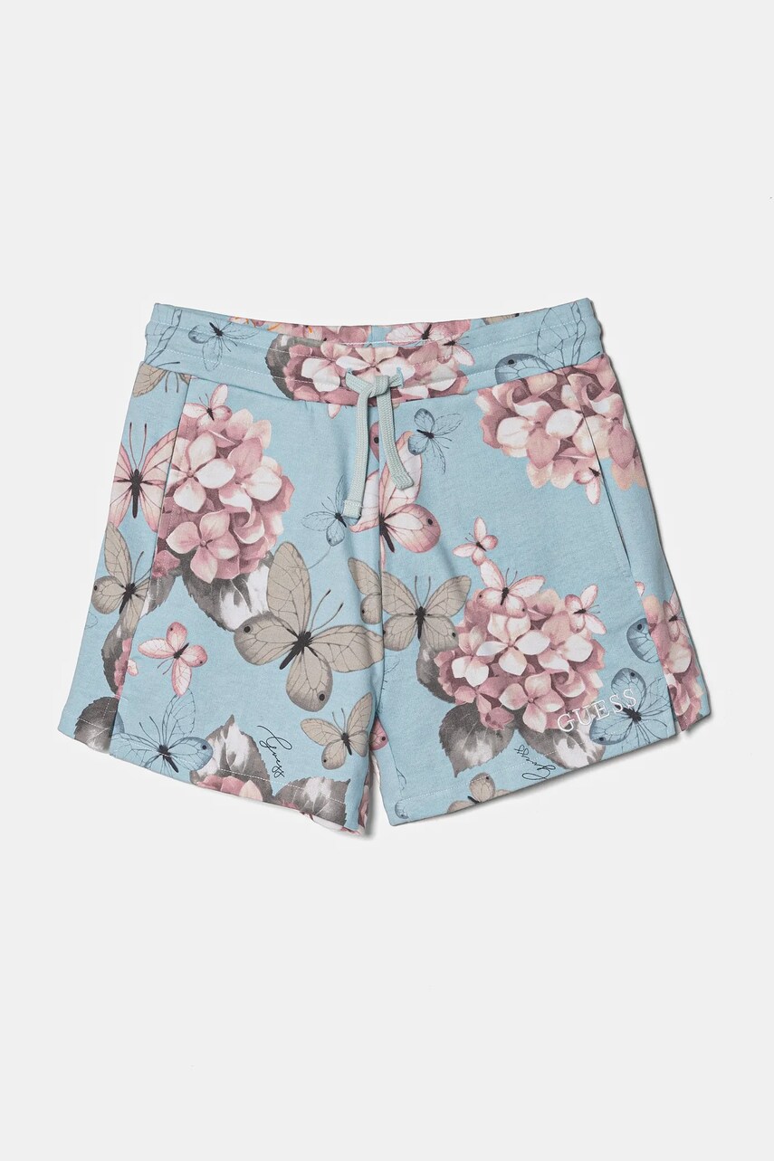 Levně Dětské bavlněné šortky Guess modrá barva, vzorované, nastavitelný pas, J5RD15 KA6R4