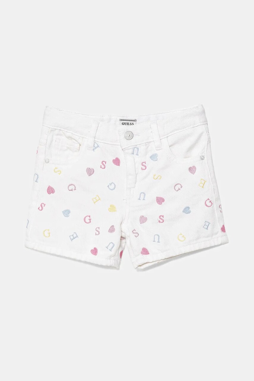 Levně Dětské bavlněné šortky Guess bílá barva, s aplikací, nastavitelný pas, K5GD15 WH630