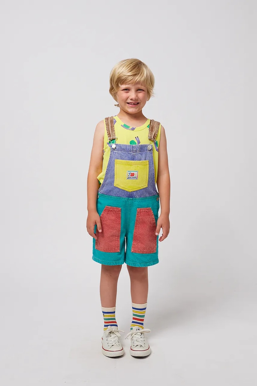 Bobo Choses salopete din denim pentru copii Smiling culoarea turcoaz, neted, 125AC097 Bobo Choses salopete din denim pentru copii Smiling culoarea turcoaz, neted, 125AC097