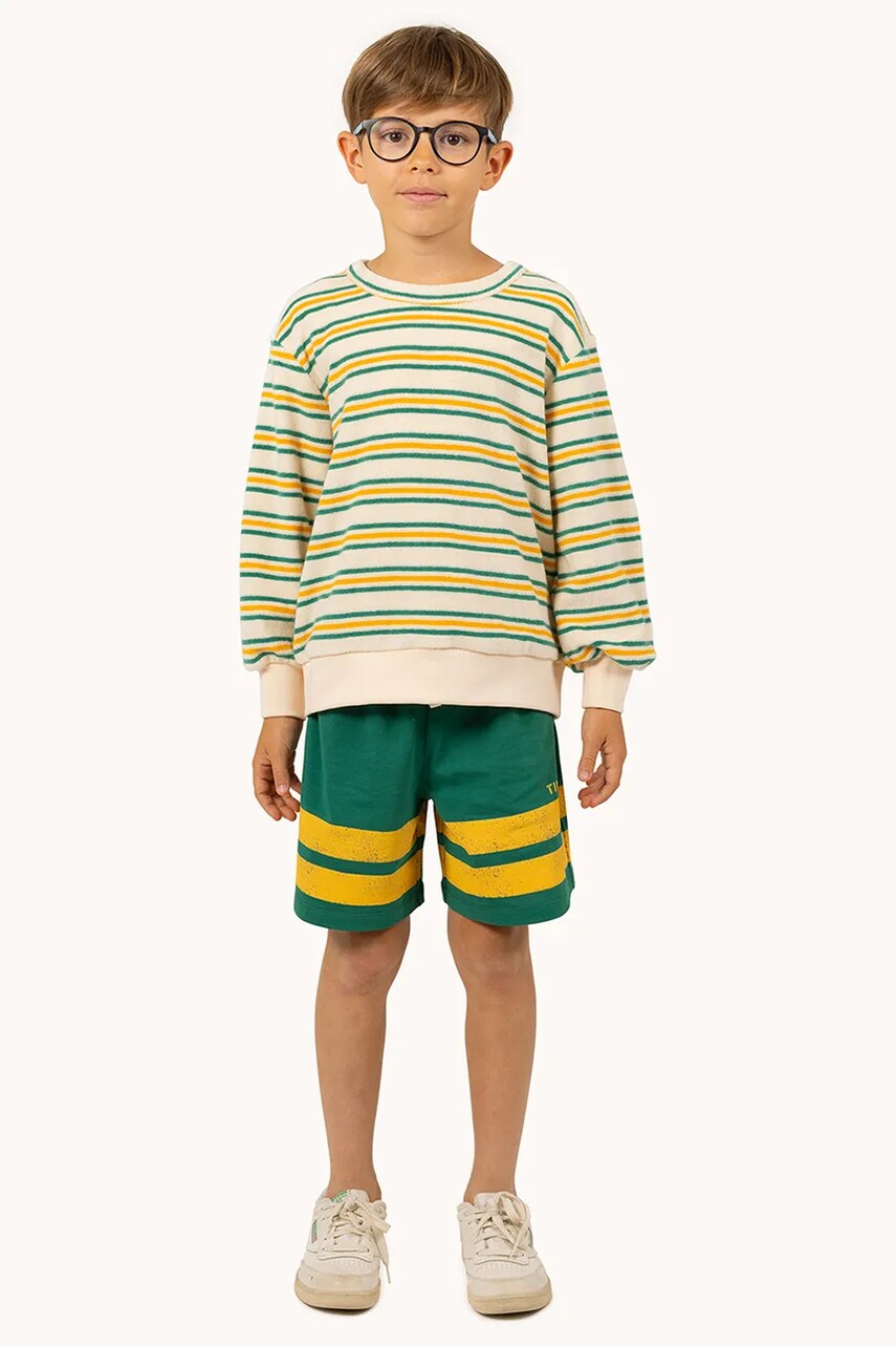 Tinycottons pantaloni scurți din bumbac pentru copii STRIPES LOGO SHORT culoarea verde, cu imprimeu, SS25-139 Tinycottons pantaloni scurți din bumbac pentru copii STRIPES LOGO SHORT culoarea verde, cu imprimeu, SS25-139