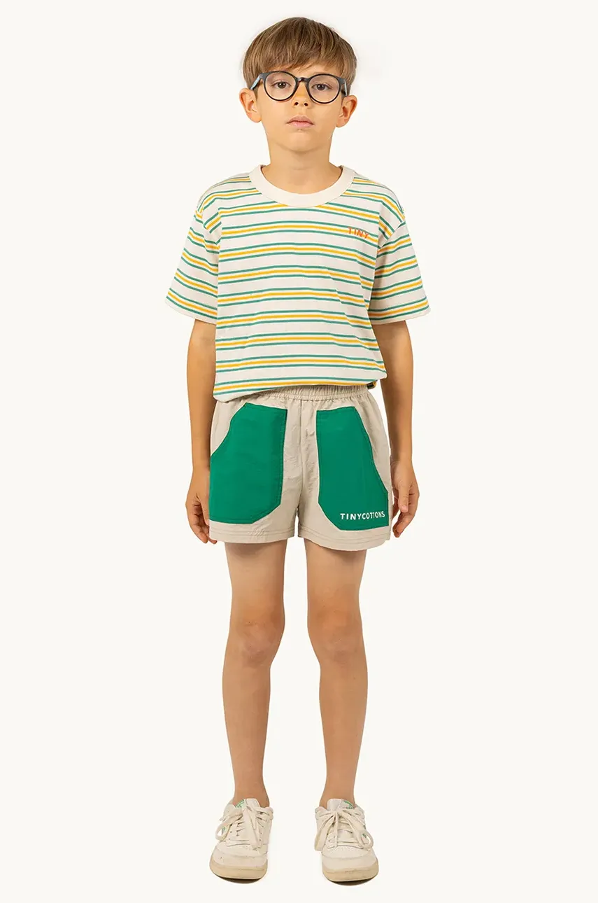 Tinycottons pantaloni scurti copii COLOR BLOCK SHORT culoarea bej, cu imprimeu, SS25-251