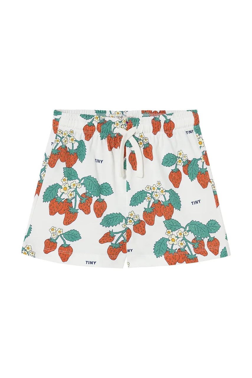 Tinycottons pantaloni scurți din bumbac pentru copii STRAWBERRIES SHORT culoarea bej, cu imprimeu, SS25-002 Tinycottons pantaloni scurți din bumbac pentru copii STRAWBERRIES SHORT culoarea bej, cu imprimeu, SS25-002
