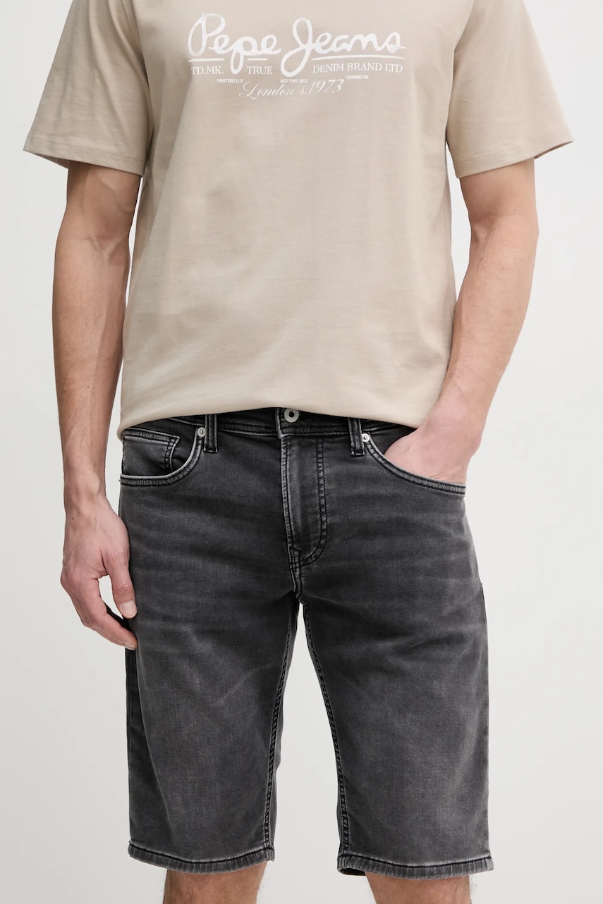 Pepe Jeans pantaloni scurți jeans SLIM GYMDIGO SHORT TRACK bărbați, culoarea gri, PM801075UN2 Pepe Jeans pantaloni scurți jeans SLIM GYMDIGO SHORT TRACK bărbați, culoarea gri, PM801075UN2