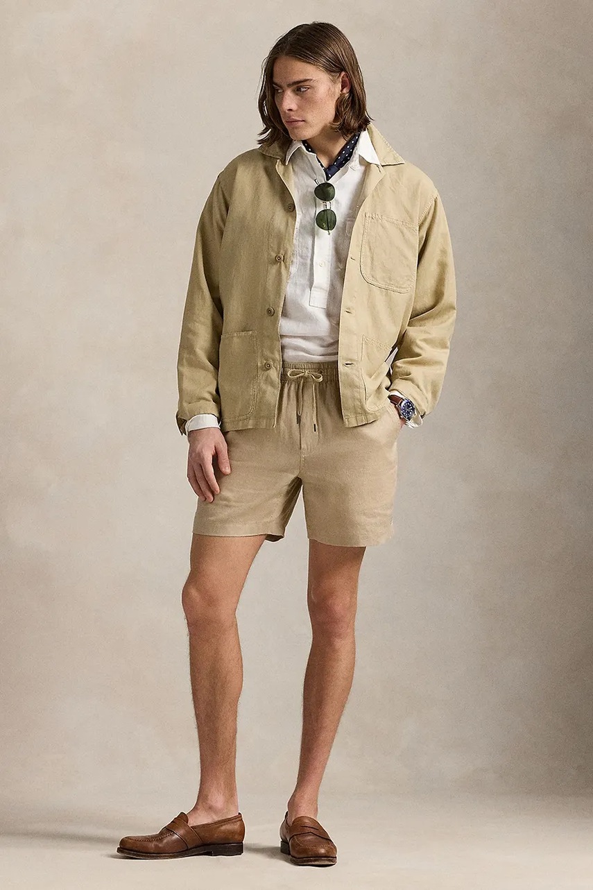 Levně Lněné kraťasy Polo Ralph Lauren pánské, béžová barva, 710958586