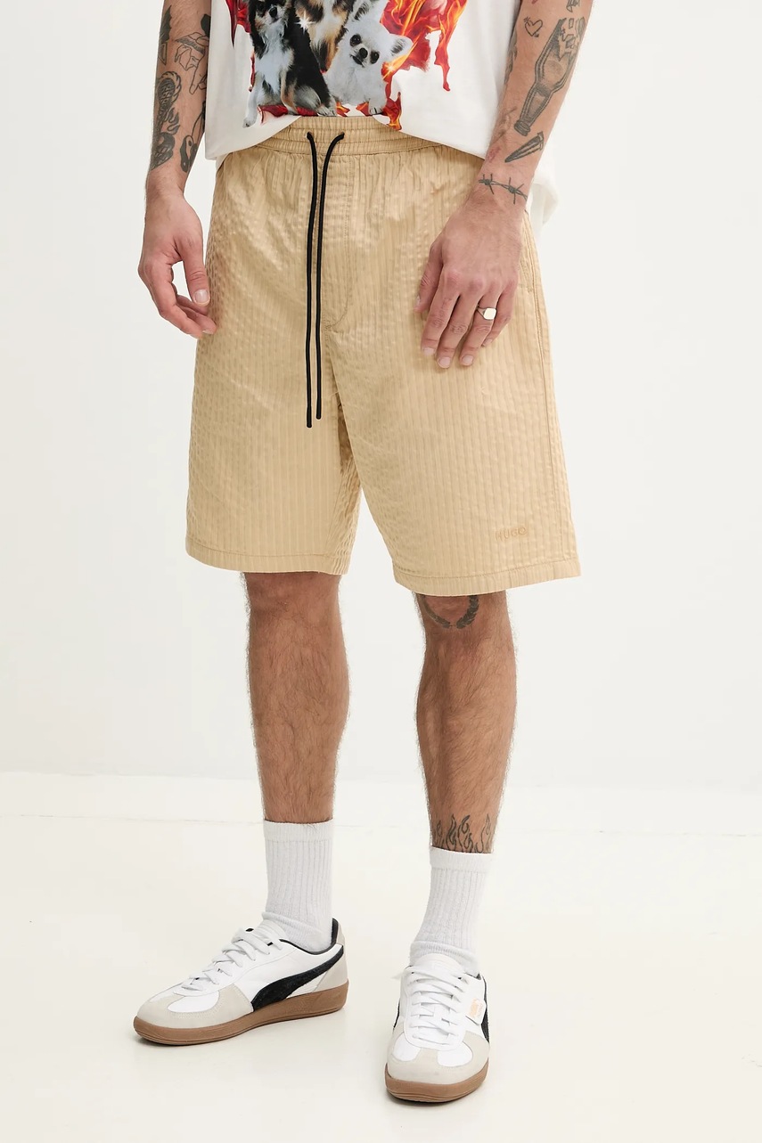 HUGO pantaloni scurti din bumbac barbati, culoarea bej, 50534661
