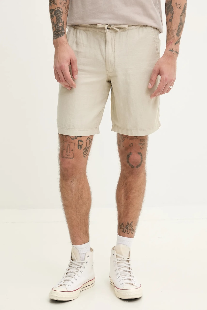 Superdry pantaloni scurți din in bărbați, culoarea bej, M7110455A-S1F Superdry pantaloni scurți din in bărbați, culoarea bej, M7110455A-S1F