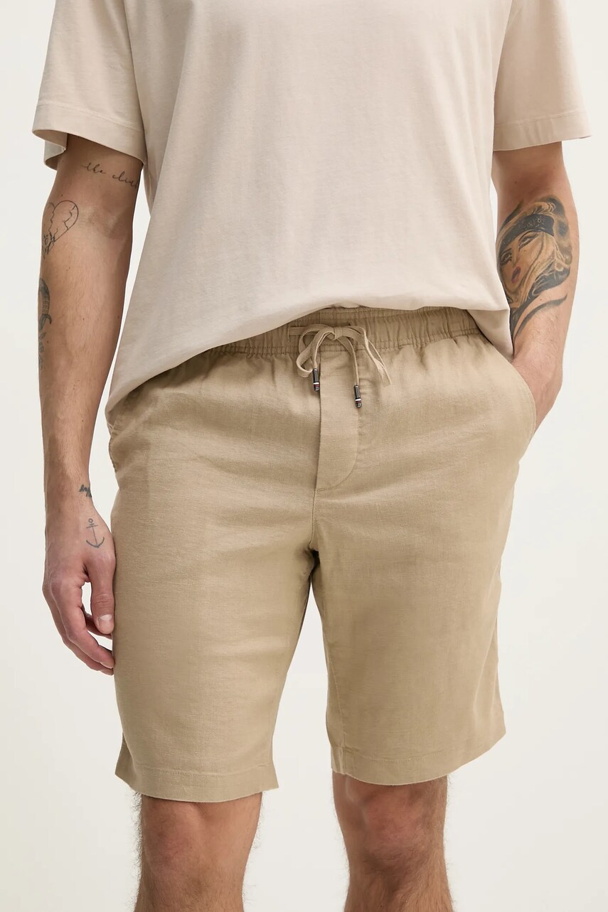 Levně Lněné kraťasy Tommy Hilfiger pánské, zelená barva, MW0MW37804