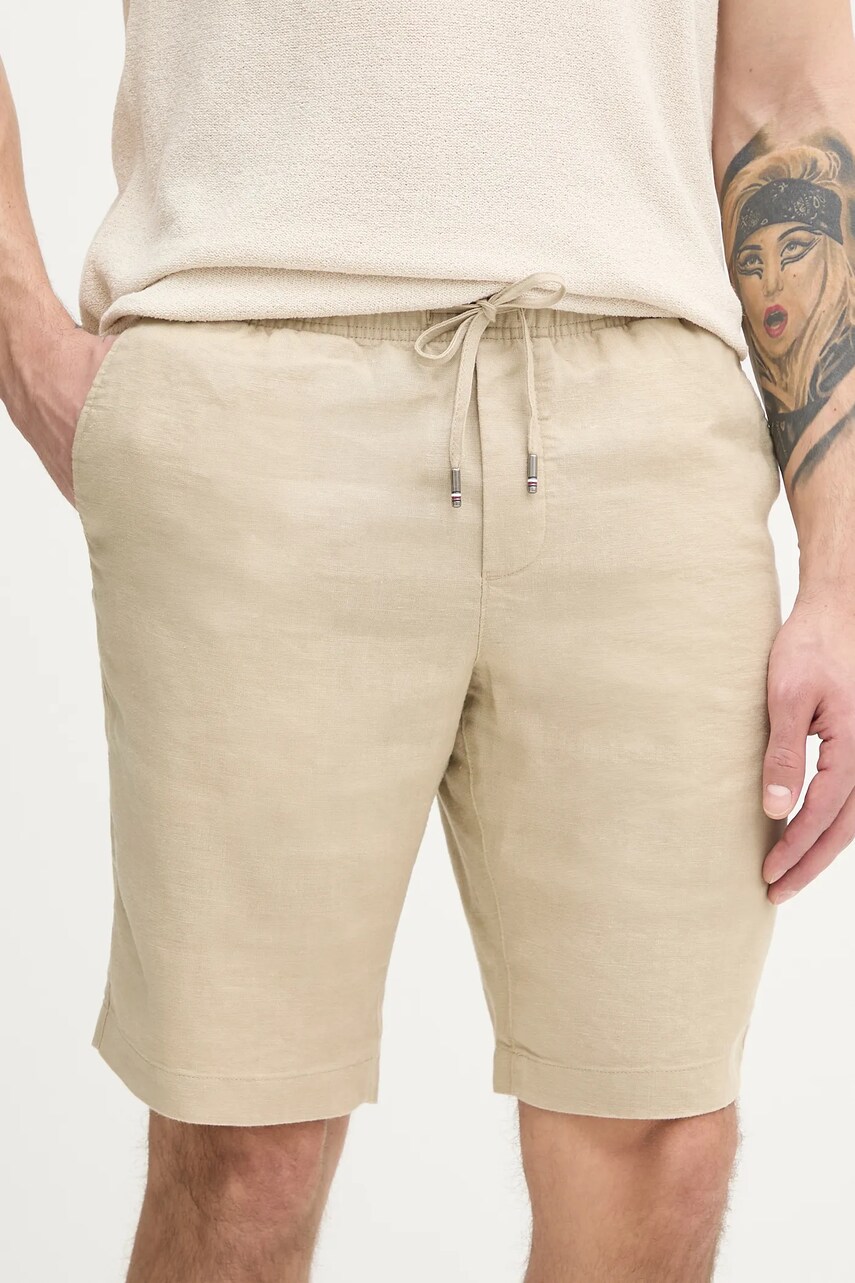 Levně Lněné kraťasy Tommy Hilfiger pánské, béžová barva, MW0MW37804