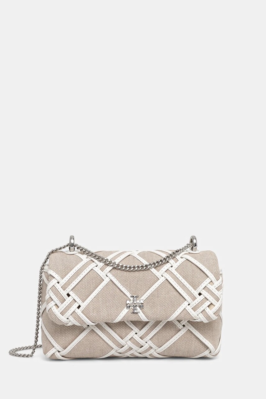 Tory Burch geantă Kira Woven Canvas Mini Flap culoarea bej, 154831-250