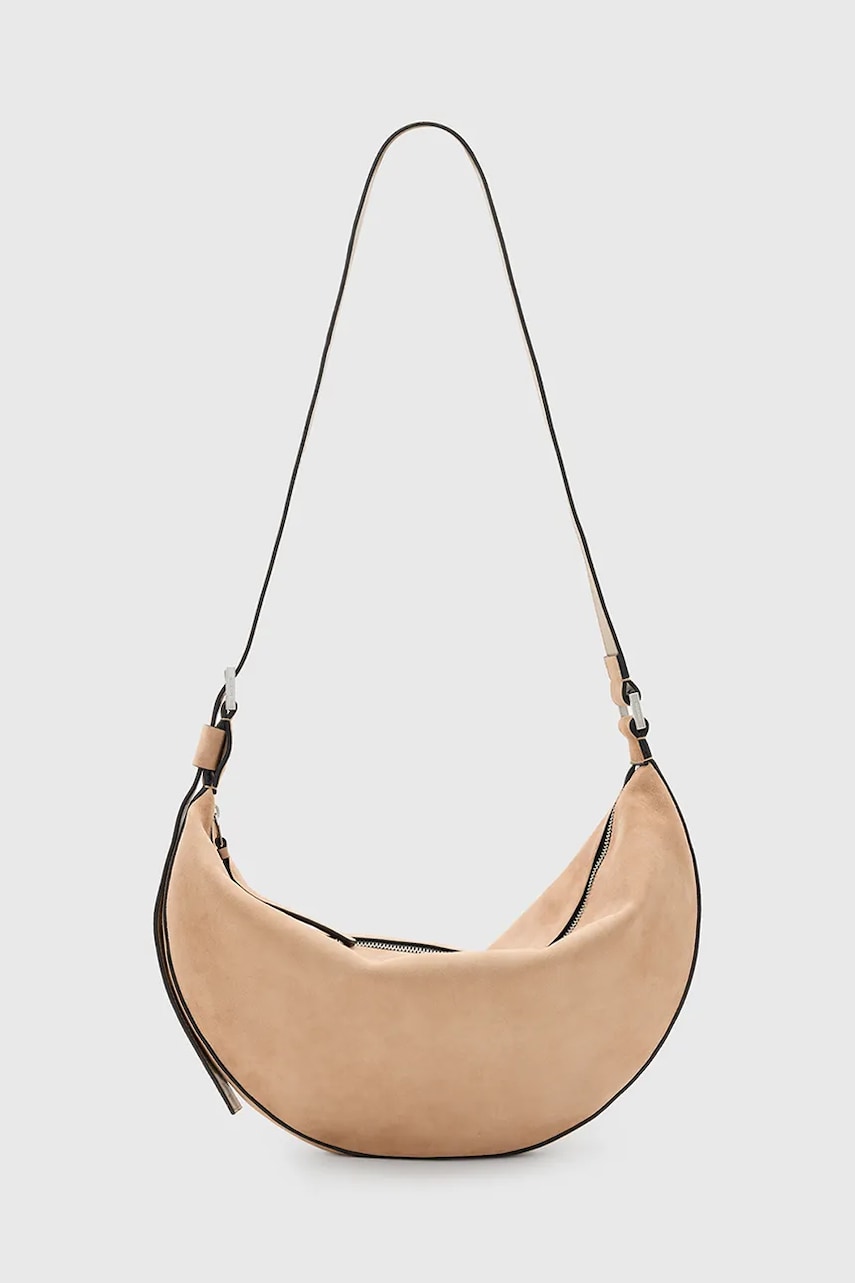 AllSaints geanta de mana din piele intoarsa HALFMOON culoarea bej, W098XC AllSaints geanta de mana din piele intoarsa HALFMOON culoarea bej, W098XC